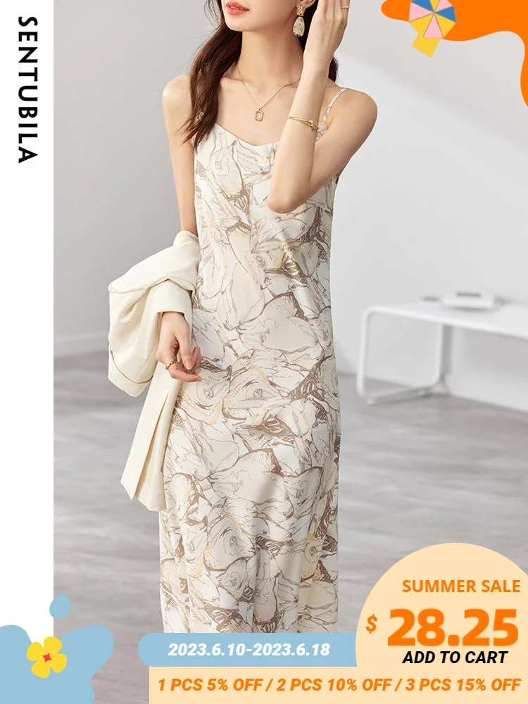 

Sentubila Elegant Printing Dress for Women 2023 Summer Fashion V-Neck Sleeveless Strap Dress Midi Vintage Loose Lady Dress
