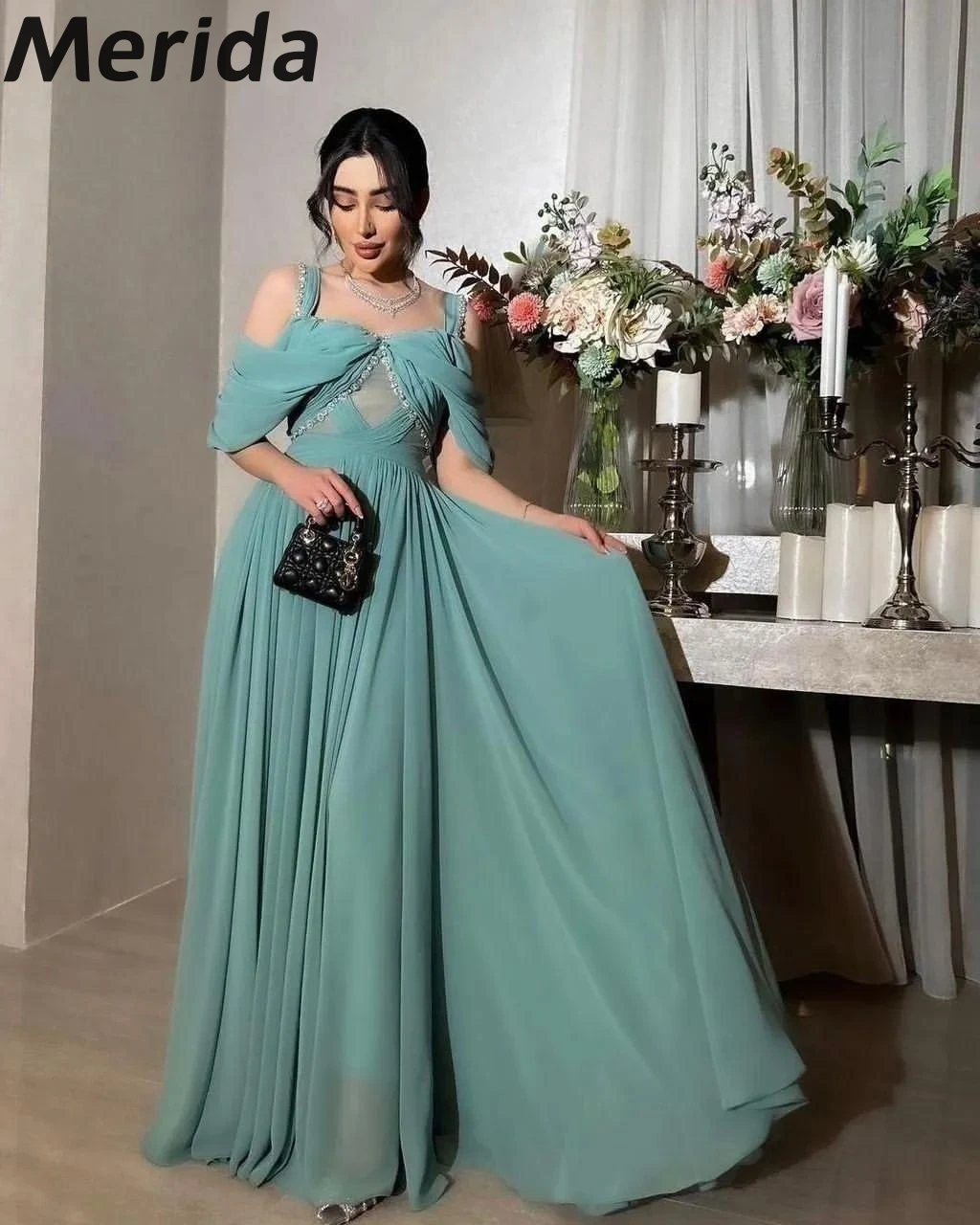 

Off Shoulder Elegant Evening Dresses For Prom 2023 New Rhinestone A-Line Floor-length Party Gown Arabia Formal Occasion Dresses