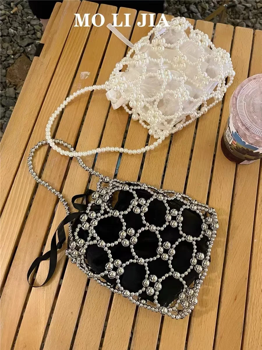 Женская плетеная Сумка-мешок ручной работы с блестящими бусинами