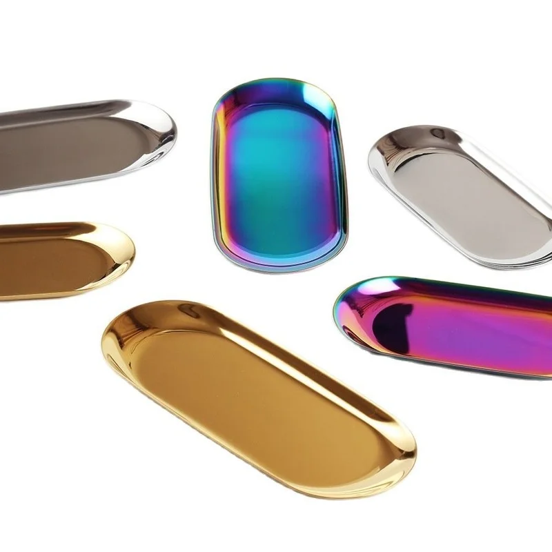Metal Desktop Storage Tray Stainless Steel Plate Gold Oval Jewelry | Trays