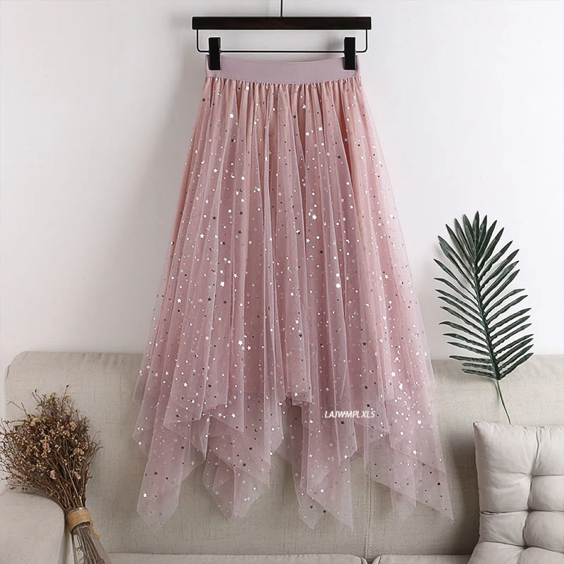 

High Quality Plus Size Elastic High Waist Long Tulle Skirt 2021 Summer Women Fashion Star Sequined Irregular Hem Mesh Tutu Skirt