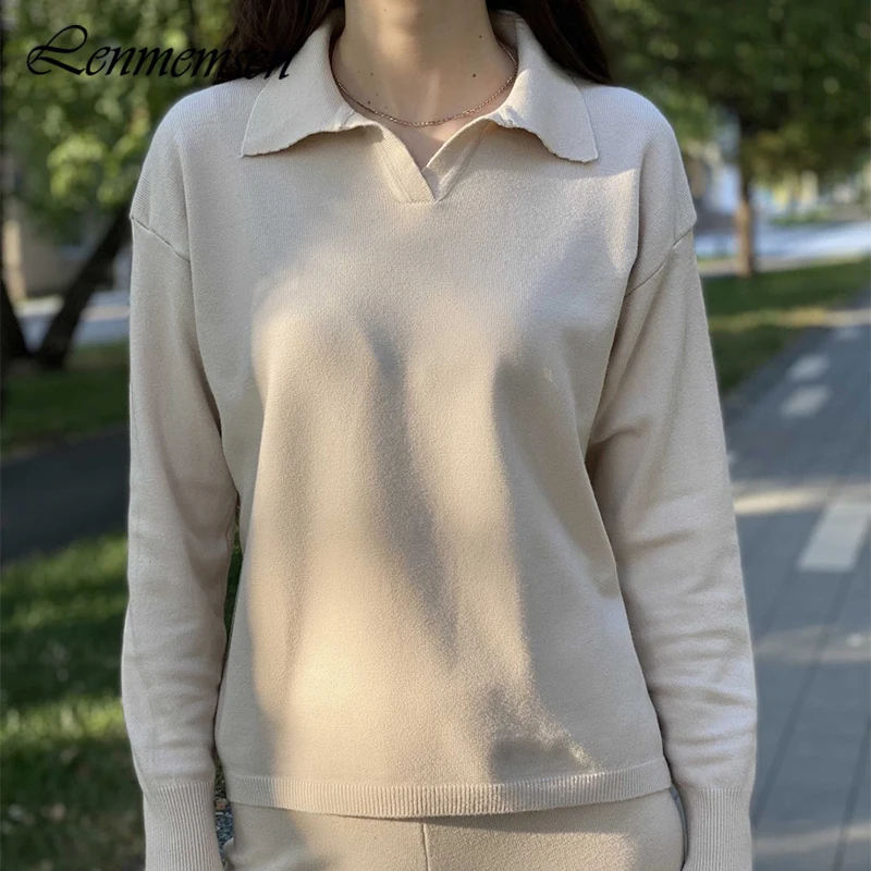 

Lenmemsen Winter Cashmere Knitted Sets Women Tracksuit Solid Lapel Two Peice Sets Female Casual Loose Home Clothes Warm Outfits