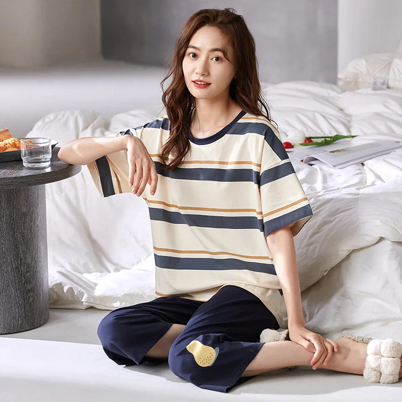 Women's Pajamas Sets Cotton Pyjamas Striped Pijamas Loungewear Short Sleeve and Pants Suit Sleepwear Nightwear Women Homewear