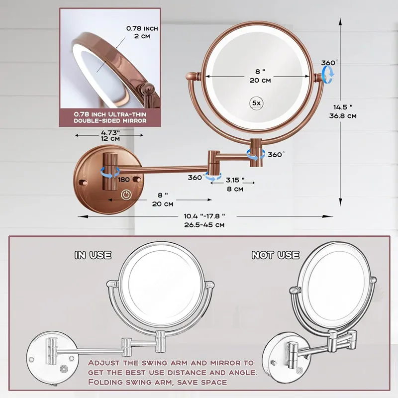 Розовое золото 8-дюймовые сенсорные зеркала для ванной комнаты двусторонние