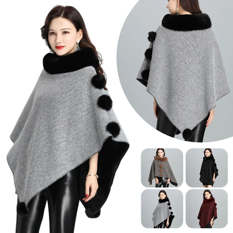 New Store Sale! Creative Faux Fur Pom Pom Ball Long Shawl Cape Coat Autumn Winter Women Cloak Plush Collar Irregular Tops