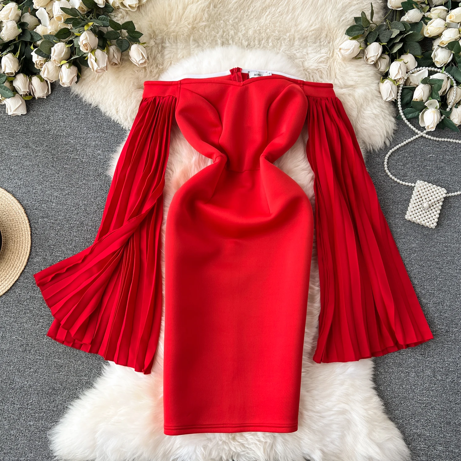 

Clothland Women Sexy Red Off Shoulder Dress Pleated Open Sleeve Taffeta Party Event Holiday Wear Mini Dresses Vestido QD165