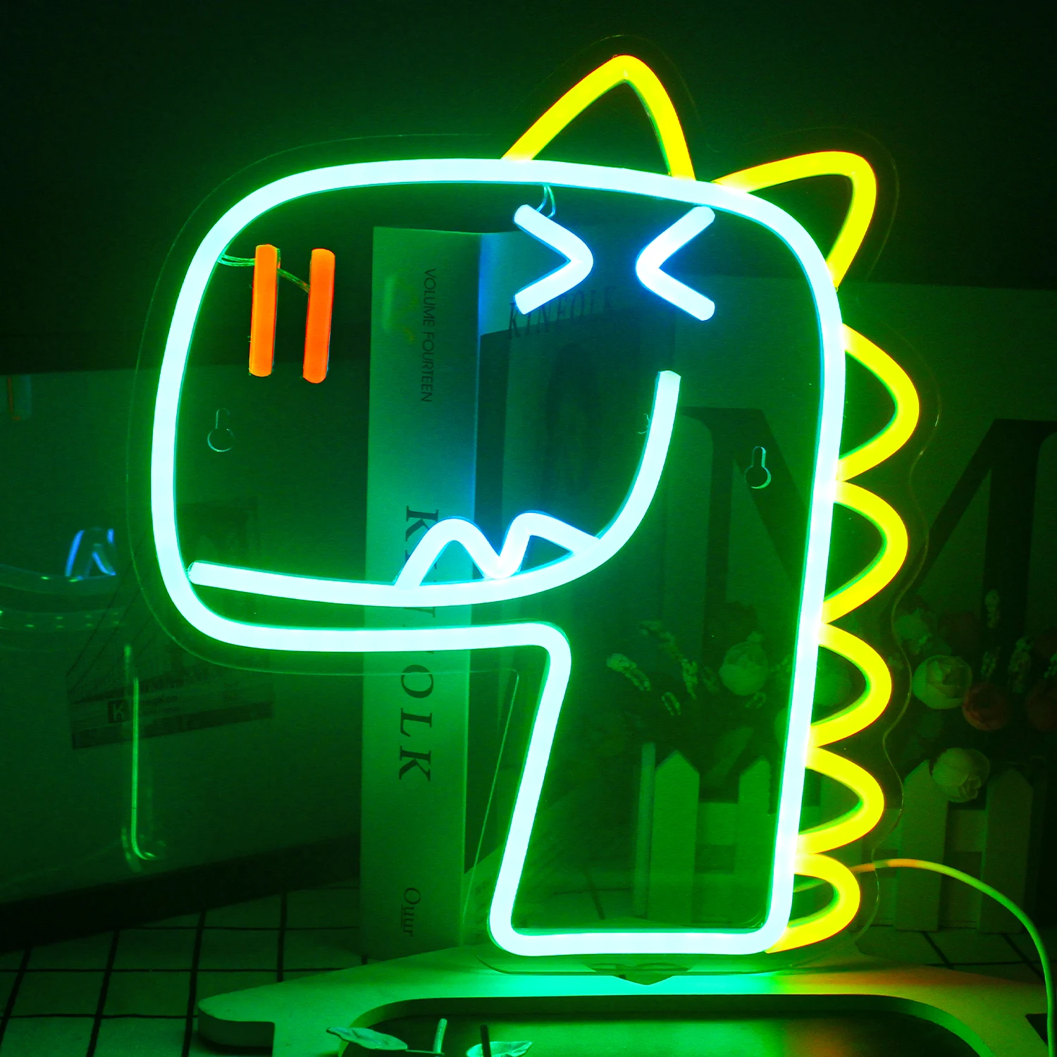 Wanxing Green Dinosaur Led Neon Sign Funny Anime Shape Hanging  Night Light Art Bedroom Kids Room Wall Decor Lamp Birthday Gift