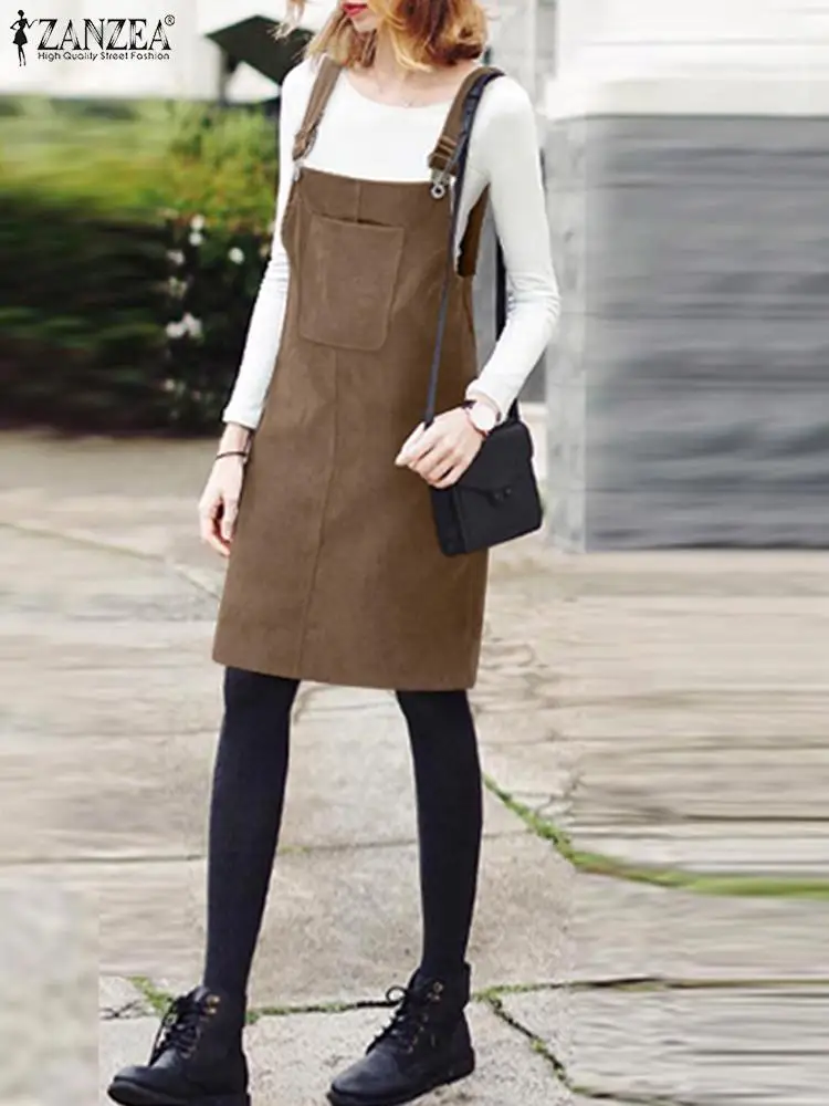 

Осеннее элегантное однотонное платье ZANZEA, женское вельветовое платье без рукавов с квадратным вырезом, женское модное винтажное платье на ...