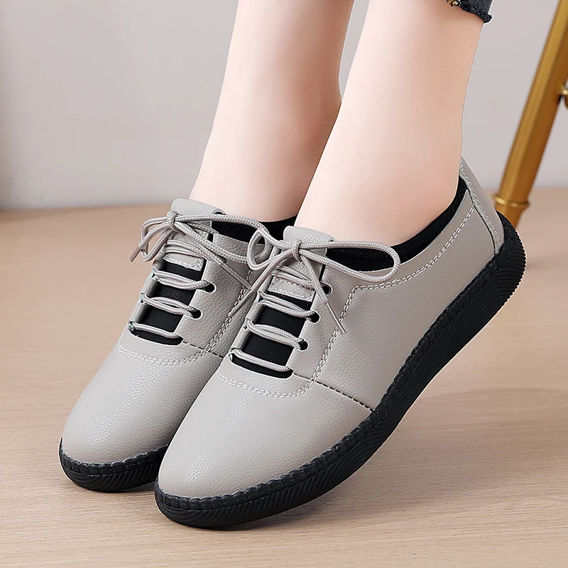 Spring Women Flats Loafers Shoes Genuine Leather Casual Shoes Female Flats Lace Up Loafers Casual Slip-on Walking Shoes Woman