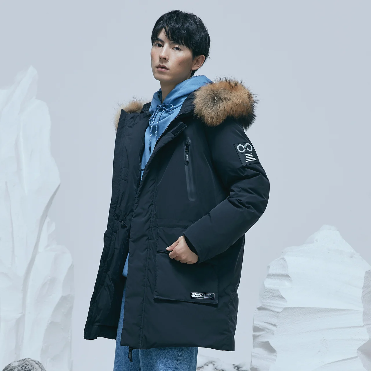 Metersbonwe Polar Series Men's Winter Warm Down Jacket 80% Gray Hooded Duck Down Raccoon Hair Man Hat Brim Down Coat