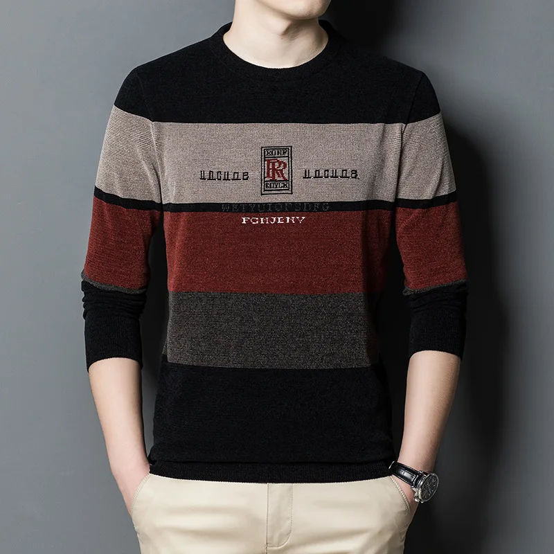 

MLSHP Wide Stripe Long Sleeve Mens Sweaters Spring and Autumn Round Collar Jacquard Pullovers Casual Male Sweaters 3XL