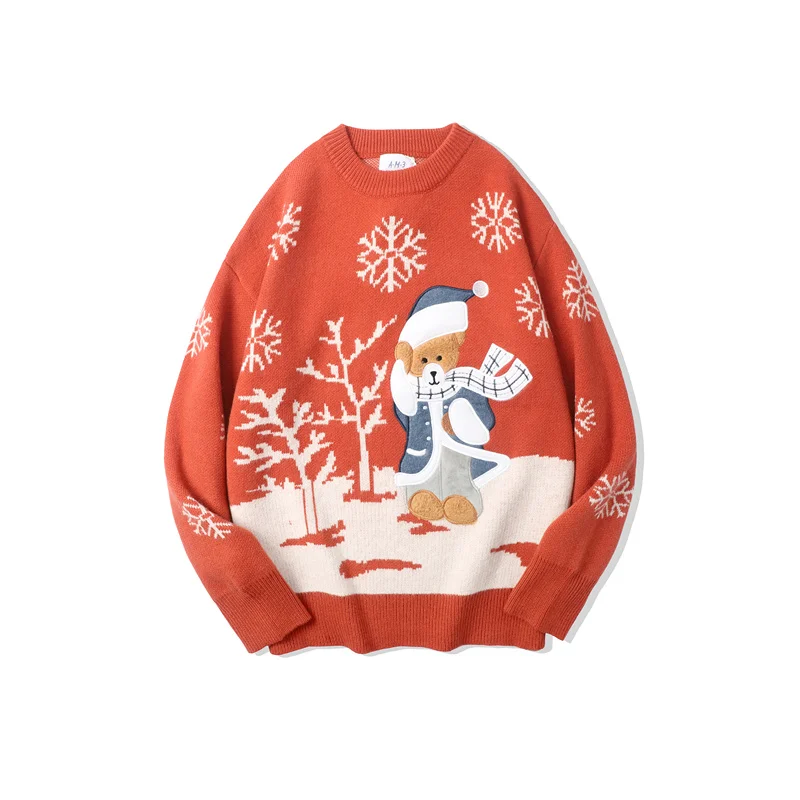 

YlSHioo Autumn Winter Sweater Couples Christmas Cartoon Pullover Bear Embroidered Sweaters O Neck Fashion Loose Warm Knitted top