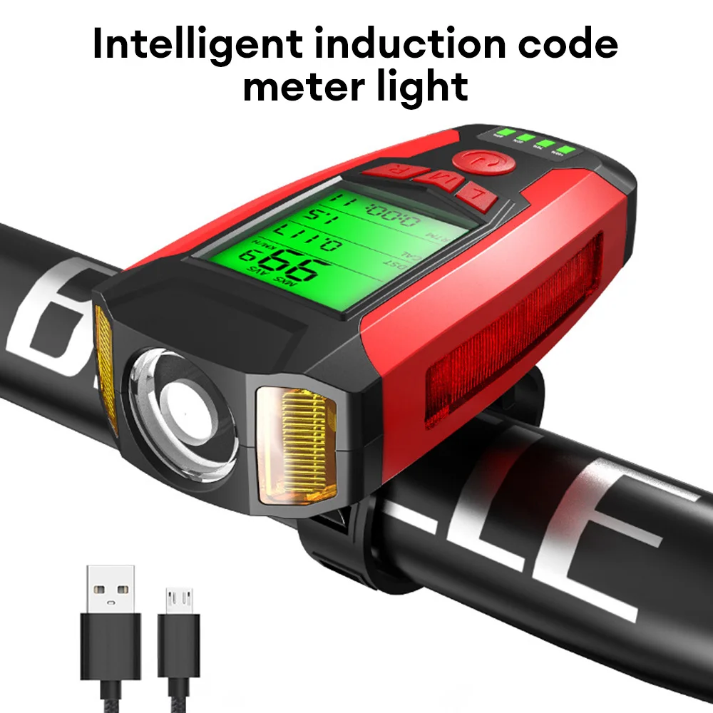 

LED Bicycle Lights USB Rechargeable Bicycle Speedometer Odometer MTB Road Bike Waterproof Front Lights 5 Modes Horn Cycling Lamp