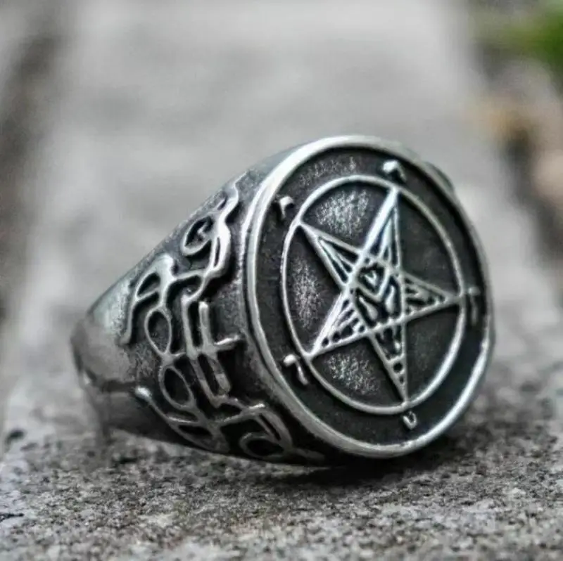 

Retro Punk Gothic Style Devil Satan Pentagram Signet Metal Rings for Men Domineering Cool Demon Worshipper Amulet Jewelry