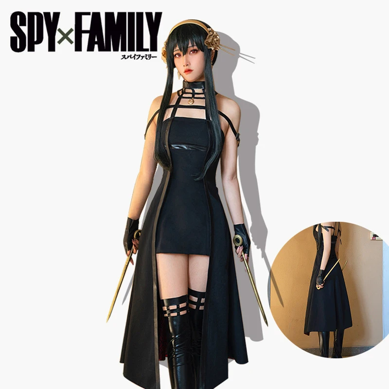 

Anime Spy X Family Yor Forger Cosplay Gothic Halter Black Dress Leather Stockings Outfit Yor Earring Long Hair Women Clothes
