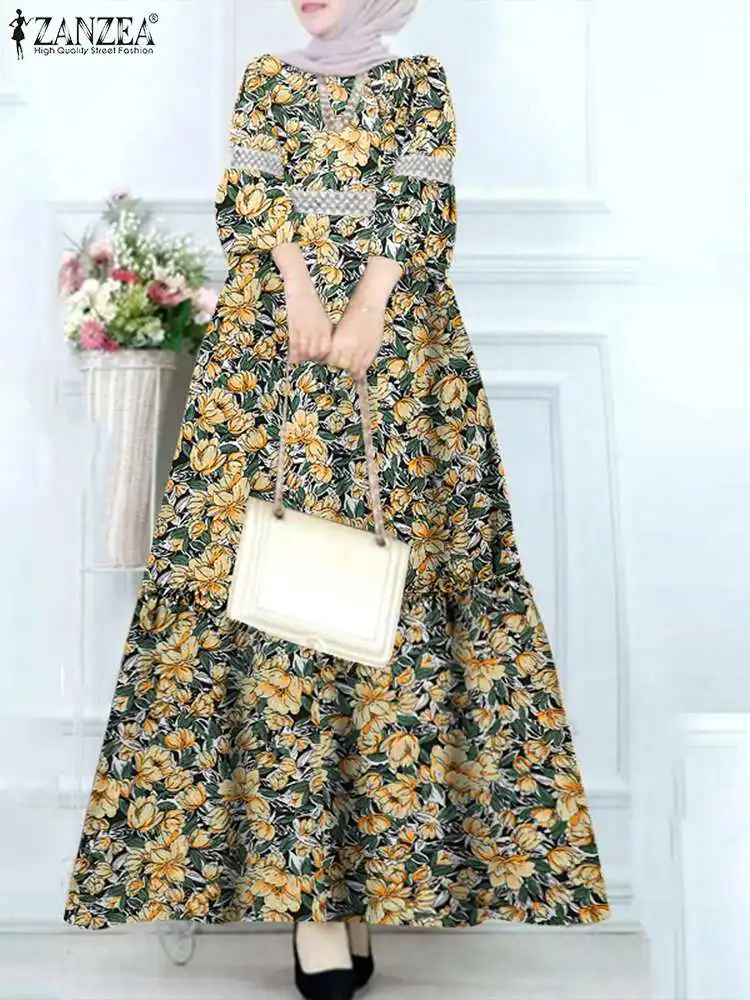

ZANZEA Fashion Floral Printed Muslim Dress Woman O-Neck Puff Sleeve Ruffles Dresses Casual Turkey Hijab Sundress Elegant Robe