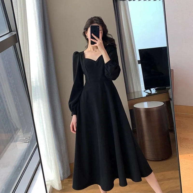 

QWEEK Vintage Black Dress Women Retro Elegant Wrap Midi Dresses Korean Harajuku Long Sleeve Solid Clothes 2022 Spring Fashion