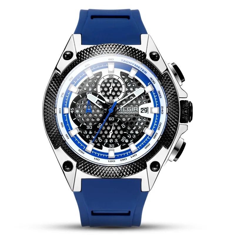 

2013 MEGIR кварцевые мужские часы синий силиконовый ремешок модные высококачественные светящиеся водонепроницаемые спортивные часы для мужчин с датой