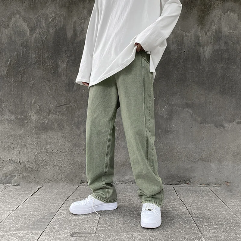 Green Jeans for Men Straight Loose Trousers Spring and Autumn Oversize Wide Leg Pants Casual High Street Fashion Male Clothing