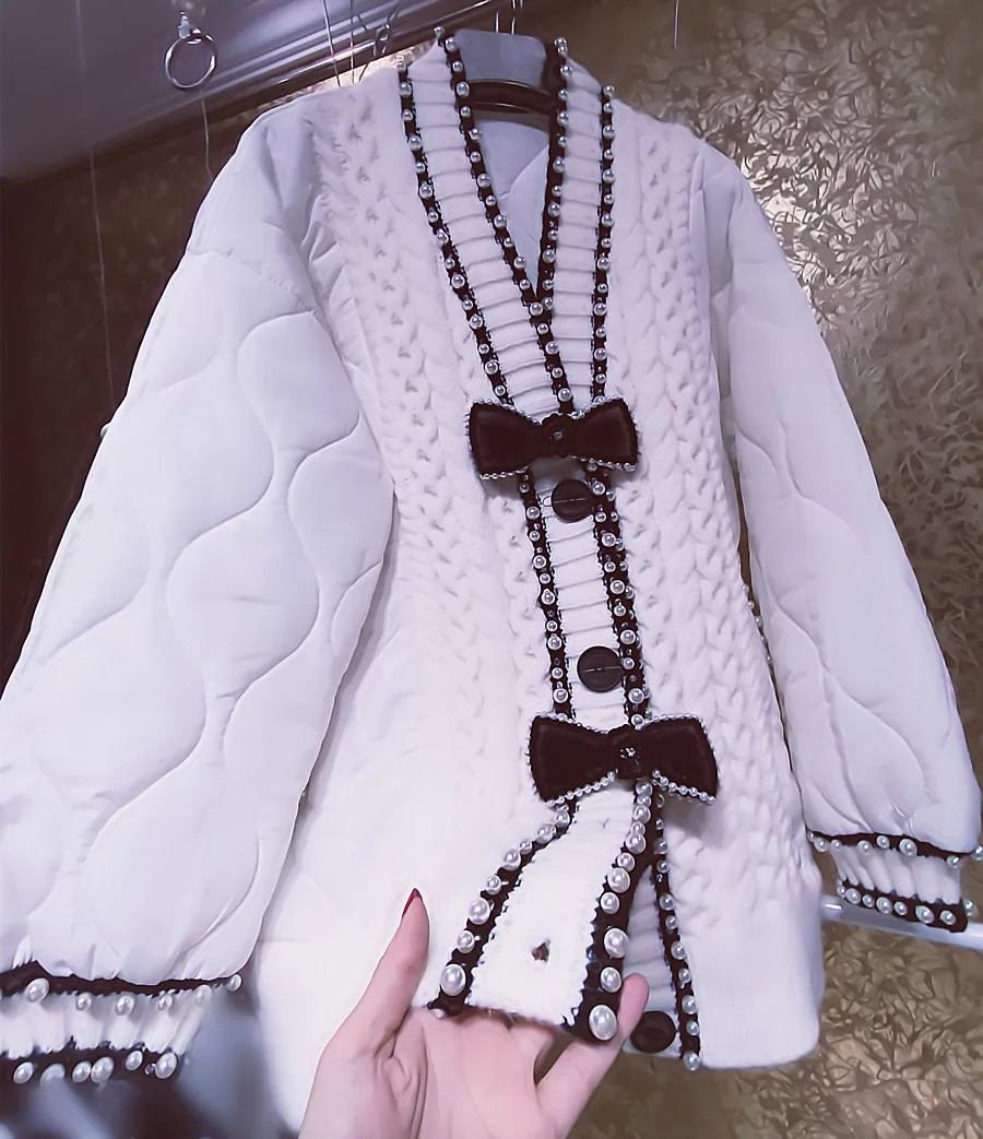 New Fashion Diamond Luxury Small Fragrant Bowknot Pearl Loose Cotton Padded Coat Large Size Warm