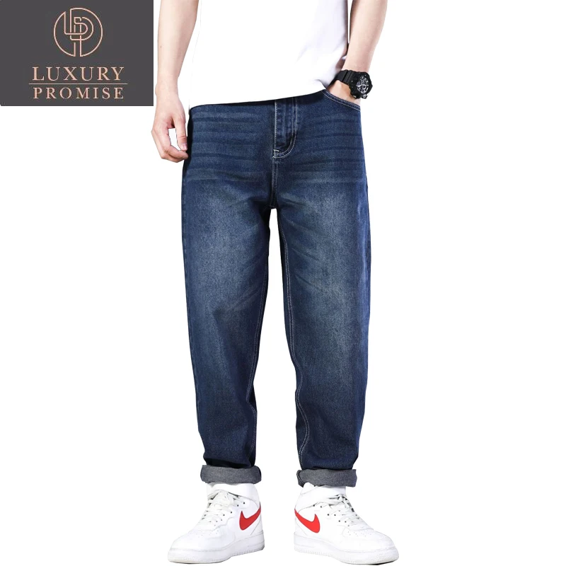 

Men Blue Wide Leg Denim Loose Hip Hop Skateboard Jeans Straight Trousers Harem Baggy Pants Male Clothes Plus Size 46