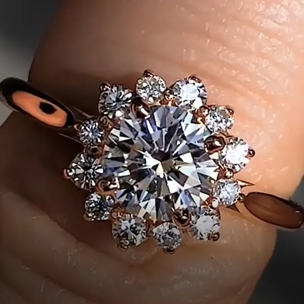 Custom Solid 14K Rose Gold Women Wedding Party Anniversary Engagement Ring 1 2 3 4 5 Ct Round Moissanite Diamond Flower