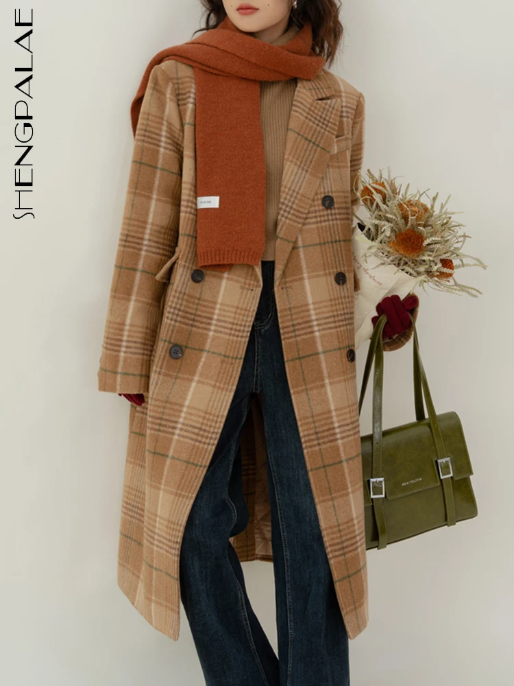 

SHENGPALAE Fashion Women's Blends Outwear Plaid Lapel Double Breasted Patchwork Pocket Woolen Jacket Autumn 2023 New Tide 5R4828
