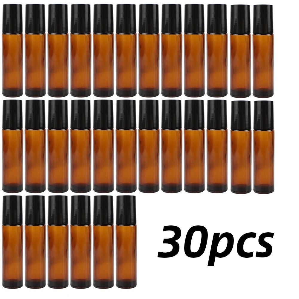 

30PCS 10ml Amber Glass Roll on Bottle for Essential Oil Vials with Roller Metal Ball Refillable Bottles Containers Empty Bottles