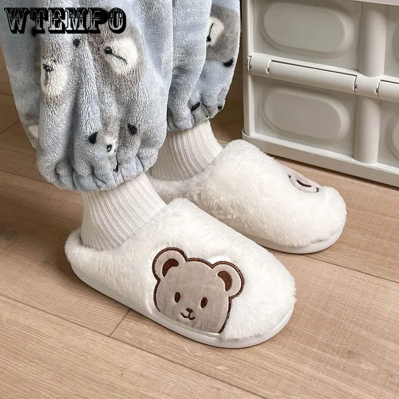 WTEMPO Cute Slippers Cartoon Bear Slides Non-Slip Winter Plush Slippers Couple Cotton Slippers Indoor Warm Shoes Wholesale