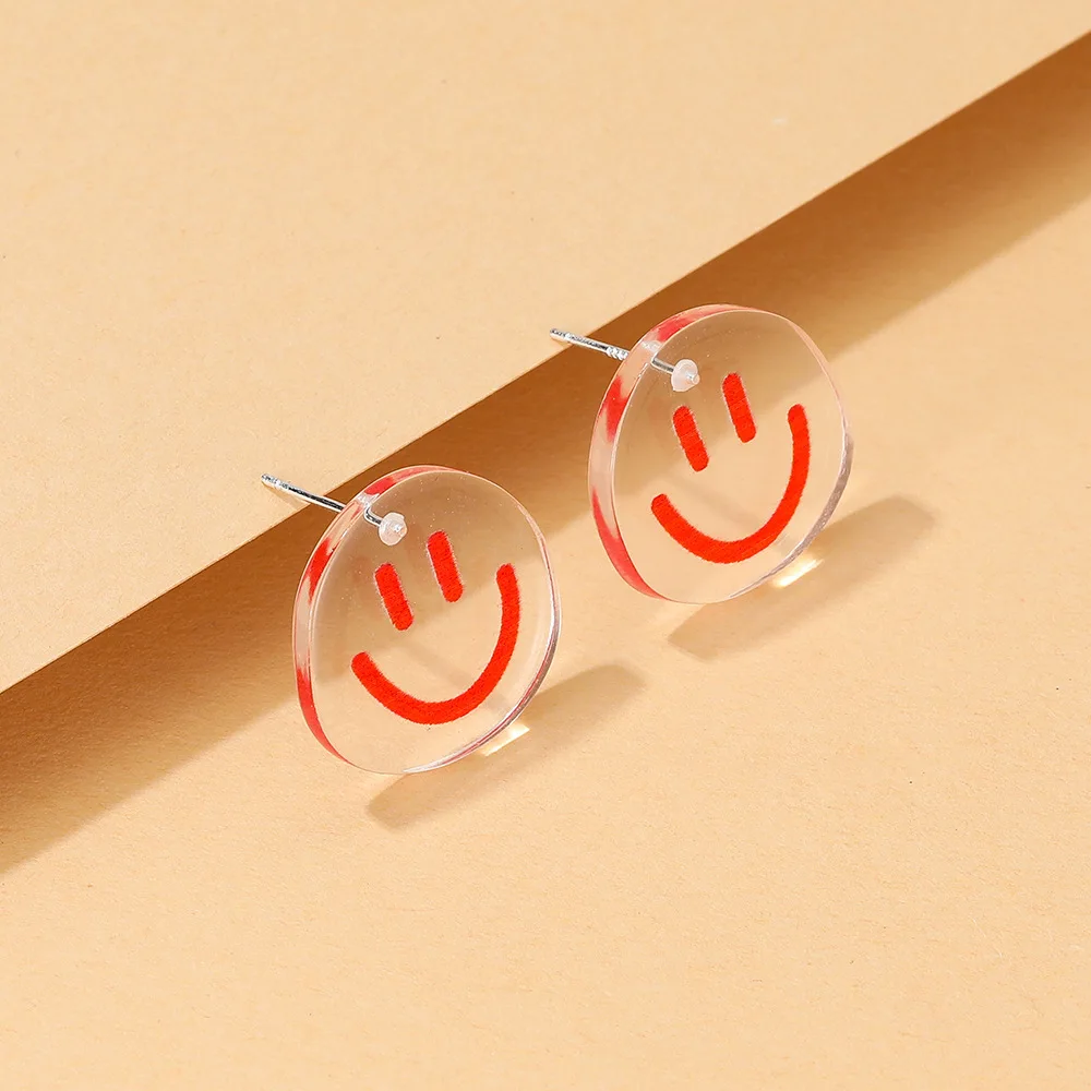 

Transparent Candy Color Smiley Face Fun Personality Earrings Female Cute Sweet Simple Resin Geometric Earrings Gifts