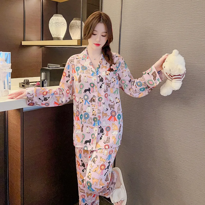 High Quality Women's Pajamas Set Luxury Pet Cats Pattern Sleepwear Silk Like Casual Homewear Cute Nightwear Femme Petite