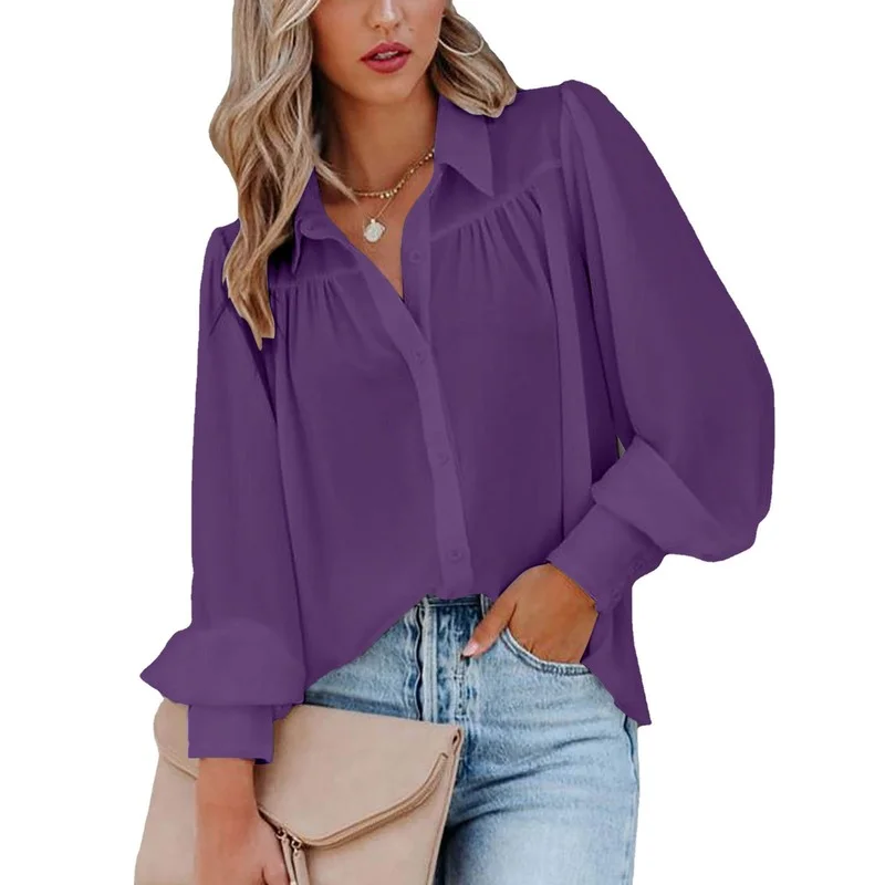 

Casual White Shirt Fashion Lantern Sleeve Pleated Button Loose Long Sleeve Blouse For Women Women's Shirt Office Lady Tops 23362