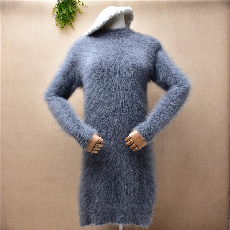 

female women fall winter clothing grey hairy mink cashmere knitted o-neck medium long sweater dress angora fur jumper pull tops