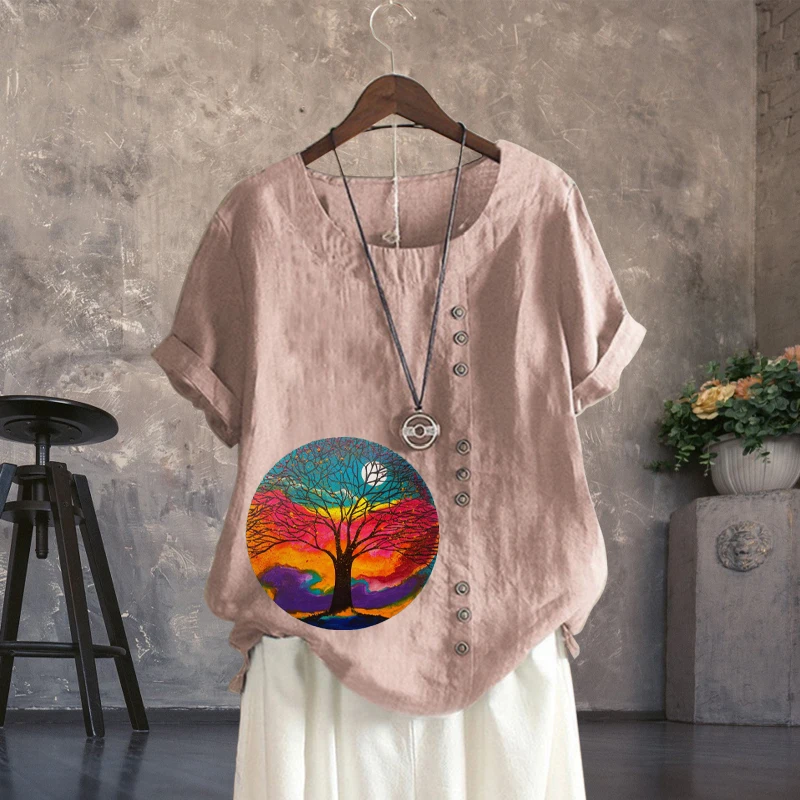 

New Arrival Creative Summer Earth Tree Print Loose T-shirt Retro Ladies Linen O Neck Solid Plus Size Short Sleeve Top XS-5XL