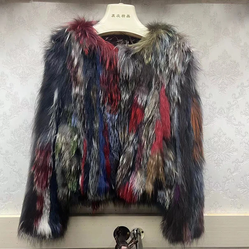 2022 Luxury Fashion Real Raccoon Dog Fur Women Coats Winter Warm Women's Cold jacket Hand Made Color Matching Streetwear Hipster