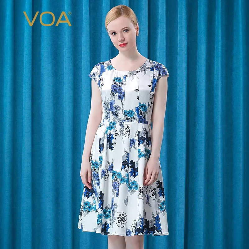 

【Bottom Price】VOA Multicolor O-neck Simple Office Summer Ladies Dress Elegant Multi Piece Spliced Elegant Midi Dresses Women AT3