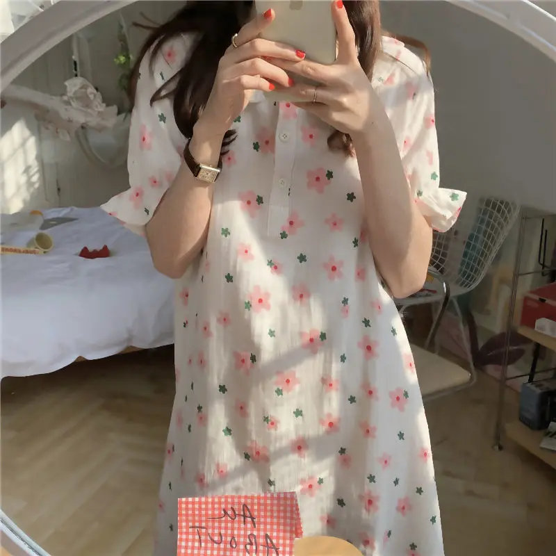 Nightgowns Women Popular Floral Girls Leisure Sweet Sleepwear Korean Style Ruffles Turn Down Collar Kawaii Homewear Elegant Ins