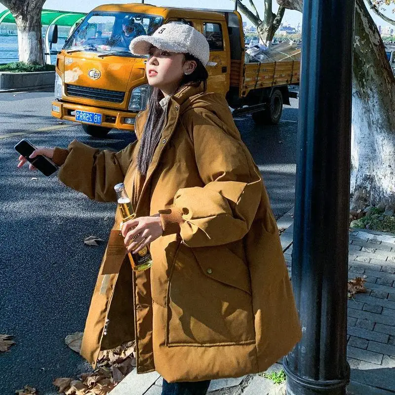 Down Cotton Jacket Female 2022 Winter New Hood Loose Student Bread Clothes Loose Thickened Winter Jacket