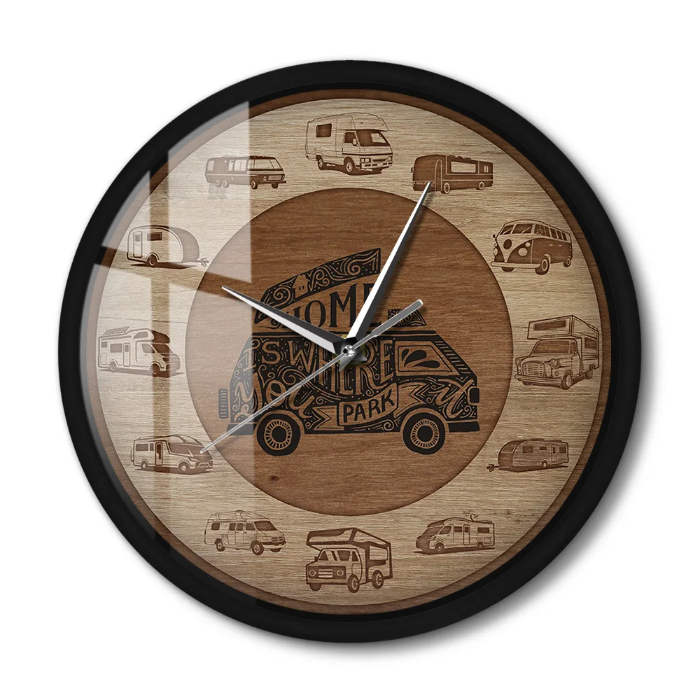 Home Is Where You Park RV Recreational Vehicles Metal Frame Wall Clock Camper Vans Motorhome Travelling Art Silent Wall Watch