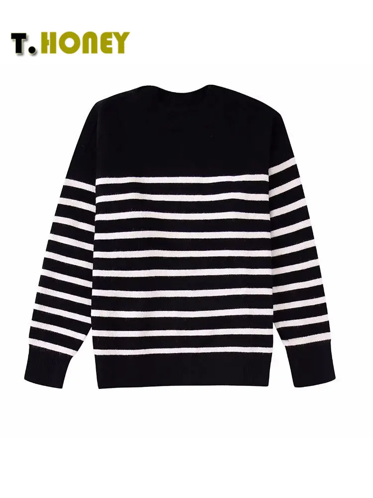 

TELLHONEY Women Fashion O-Neck Striped Knitted Pullover Outfits Female Casual Long Sleeves Loose Chic Sweater