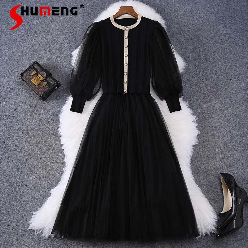 

Crew Neck Single-Breasted Lantern Sleeve Knitted Stitching Mesh Dress for Women High Waist Black Midi Dress Party Autumn Clothes