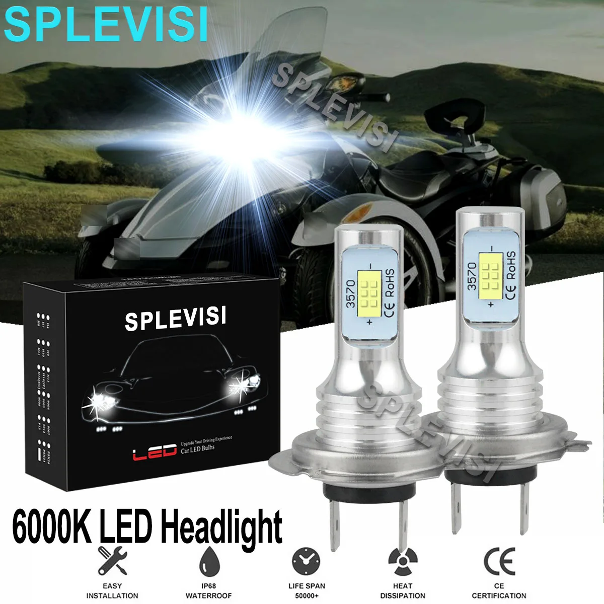 2x70W Pure White Motorcycle LED Headlight Bulbs 6000K Kit  For Can-Am Spyder GS Roadster 990 RS-S Roadster  Luz Led Para Moto
