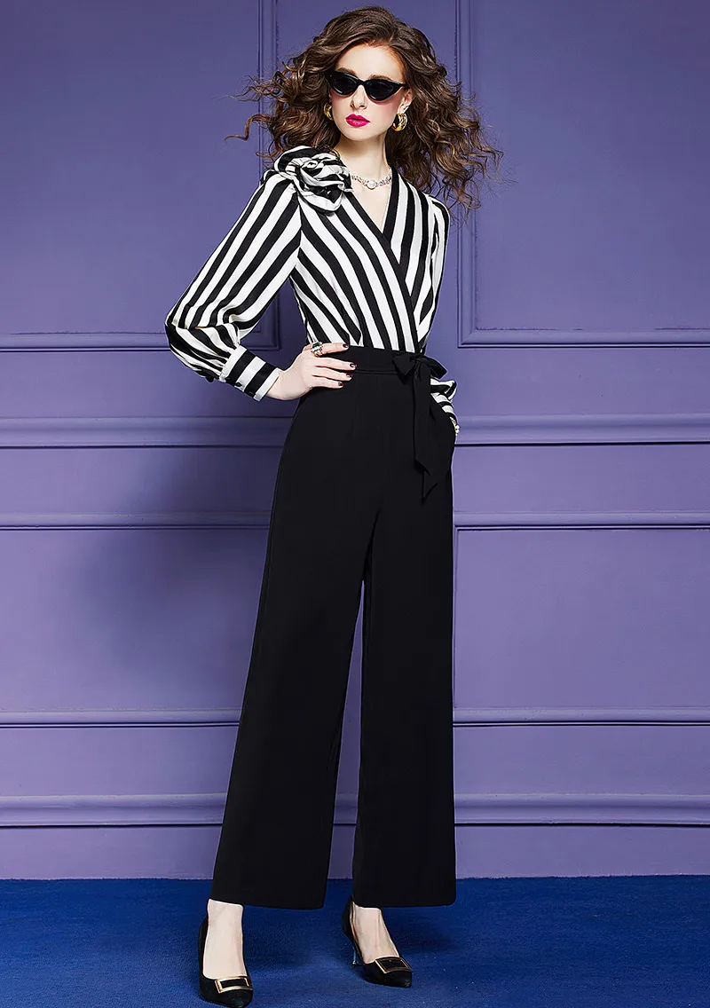 ZJYT Spring Runway Elegant Jumpsuits Womens Rompers 2023 Stripe Patchwork Full Sleeve Office Overalls One Piece Long Pants