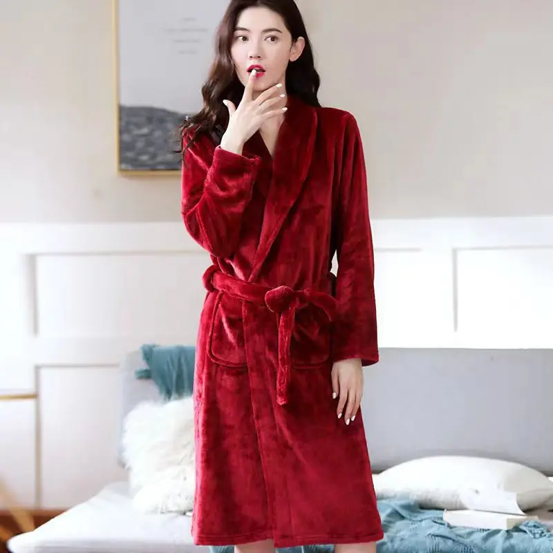Coral Velvet Bathrobe Women Warm Soft Couple Robes Flannel Kimono Nightdress Dressing Gowns Sleepwear Long Sleeve Loungewear