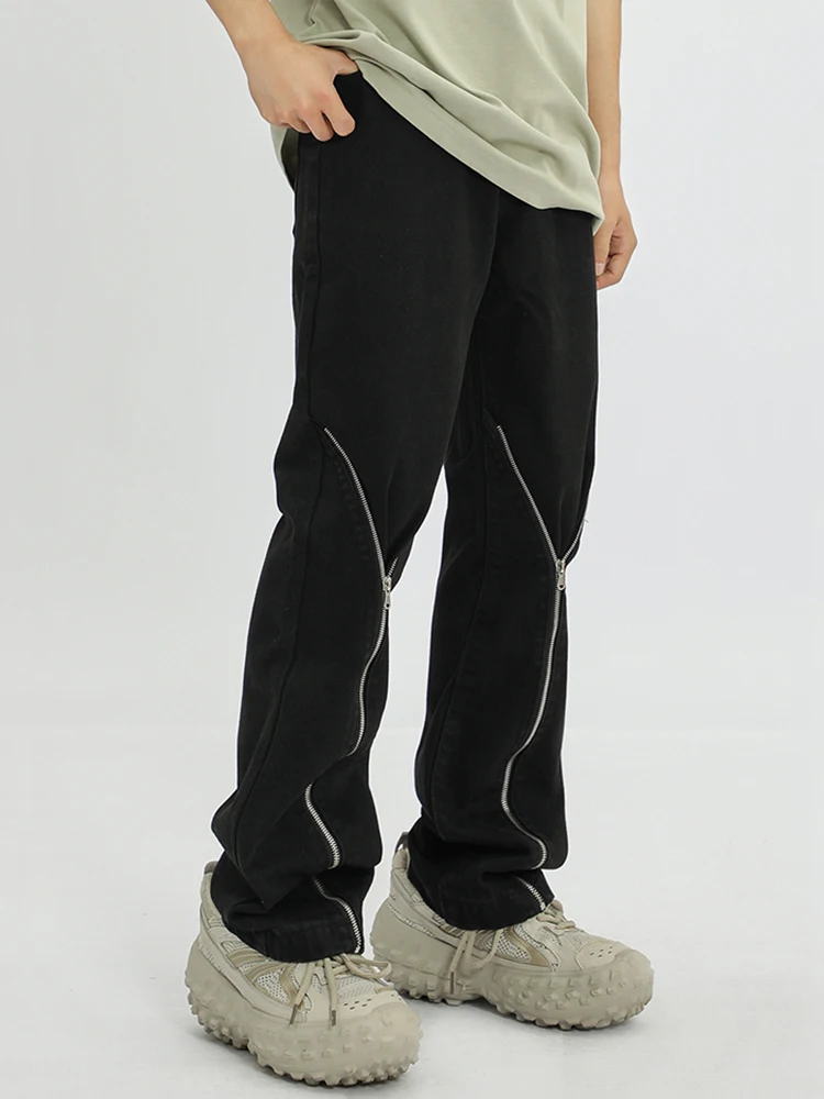 Street Zipper Straight Tube Loose Jeans For Men Y2k Wide Leg Casual Fashion Straight Tube Pants For Men'S Clothes