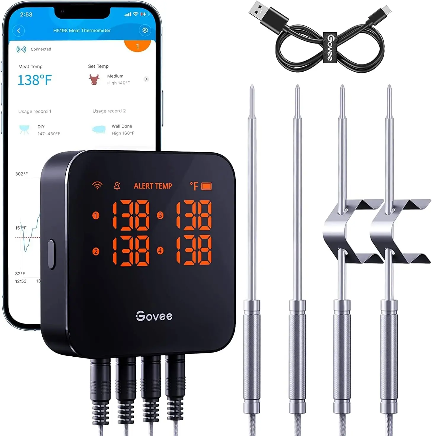 

Meat Thermometer with 4 Probe, Smart Bluetooth Grill Thermometer with Remote App Notification Alert, Digital Rechargeable BBQ Th