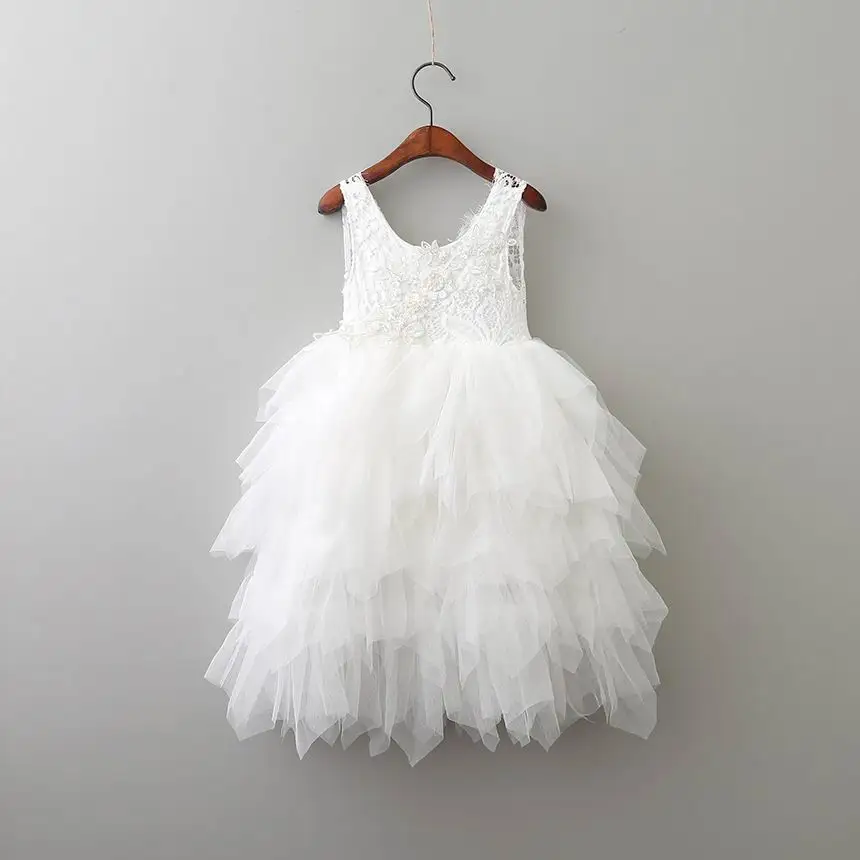 Новое летнее кружевное платье для девочек принцессы с цветами в несколько рядов