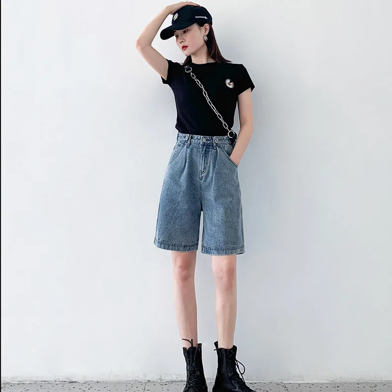Vintage Blue Denim Shorts Women's Jean Shorts Summer Casual Korean Fashion Elastic High Waist Straight Leg Slim Wide Leg Pants