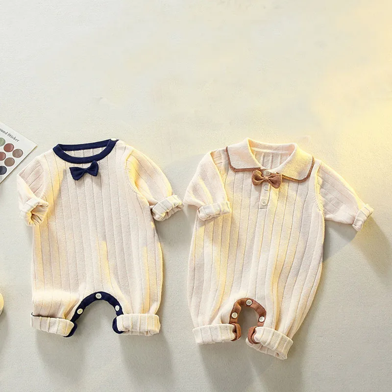 

Осенняя одежда для новорожденных в стиле унисекс, однотонные детские комбинезоны, Хлопковый вязаный комбинезон для малышей с длинным рукав...