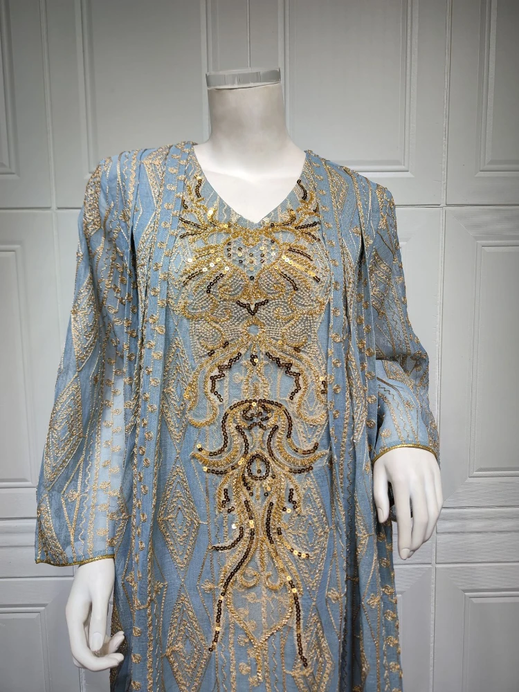 2023 Spring Summer Muslim Fashion Long Sleeve V-neck Embroidery Polyester Long Abaya Muslim Dresses Women Abaya Dubai